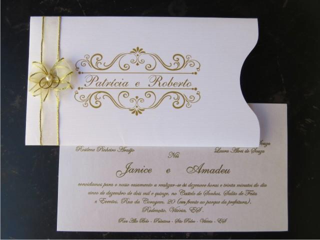 Convite em papel Branco-AA Impressão Dourada Valor de 100 convites 345,00 Codigo tn-364